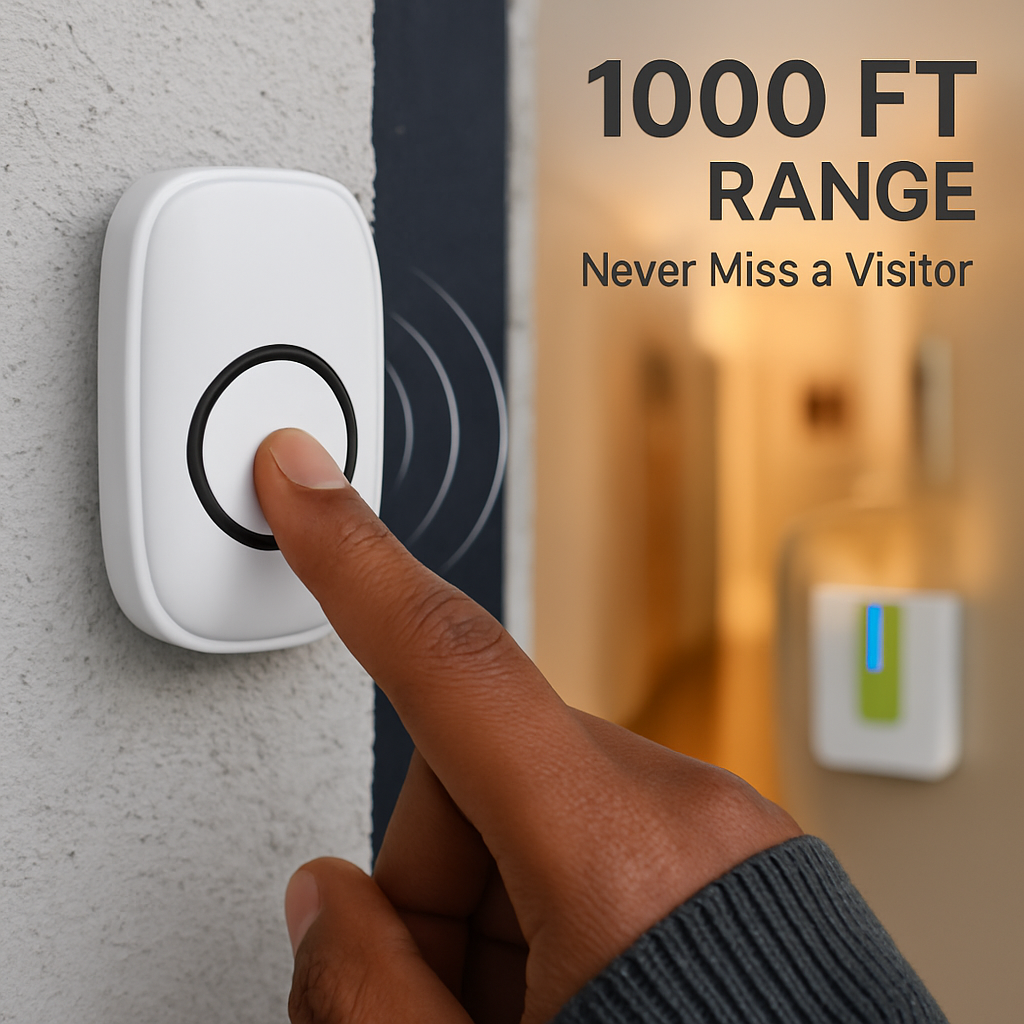 Wireless Doorbells Rings 1000FT Operating Range IP44 Waterproof Door Chime W/ 1 Plug Receiver Chimes 52 Melodies LED Indicator Bells for Office Apartm