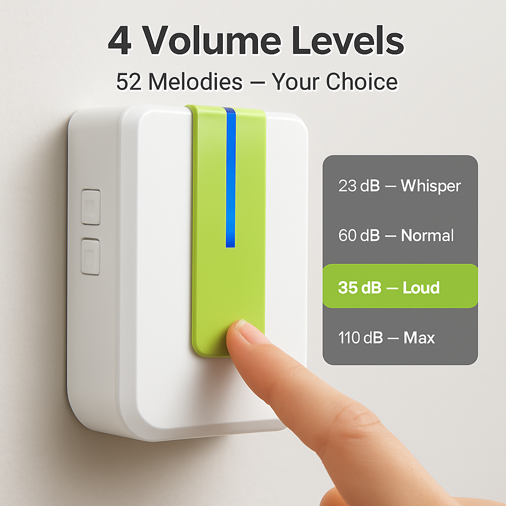 Wireless Doorbells Rings 1000FT Operating Range IP44 Waterproof Door Chime W/ 1 Plug Receiver Chimes 52 Melodies LED Indicator Bells for Office Apartm