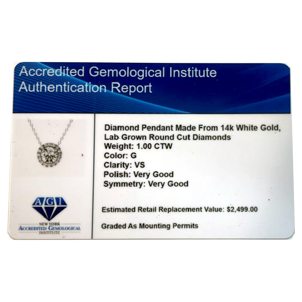 AGI Certified Lab-Grown Diamond Halo Pendant Necklace in 14kt White Gold – 1 CTW or 2 CTW