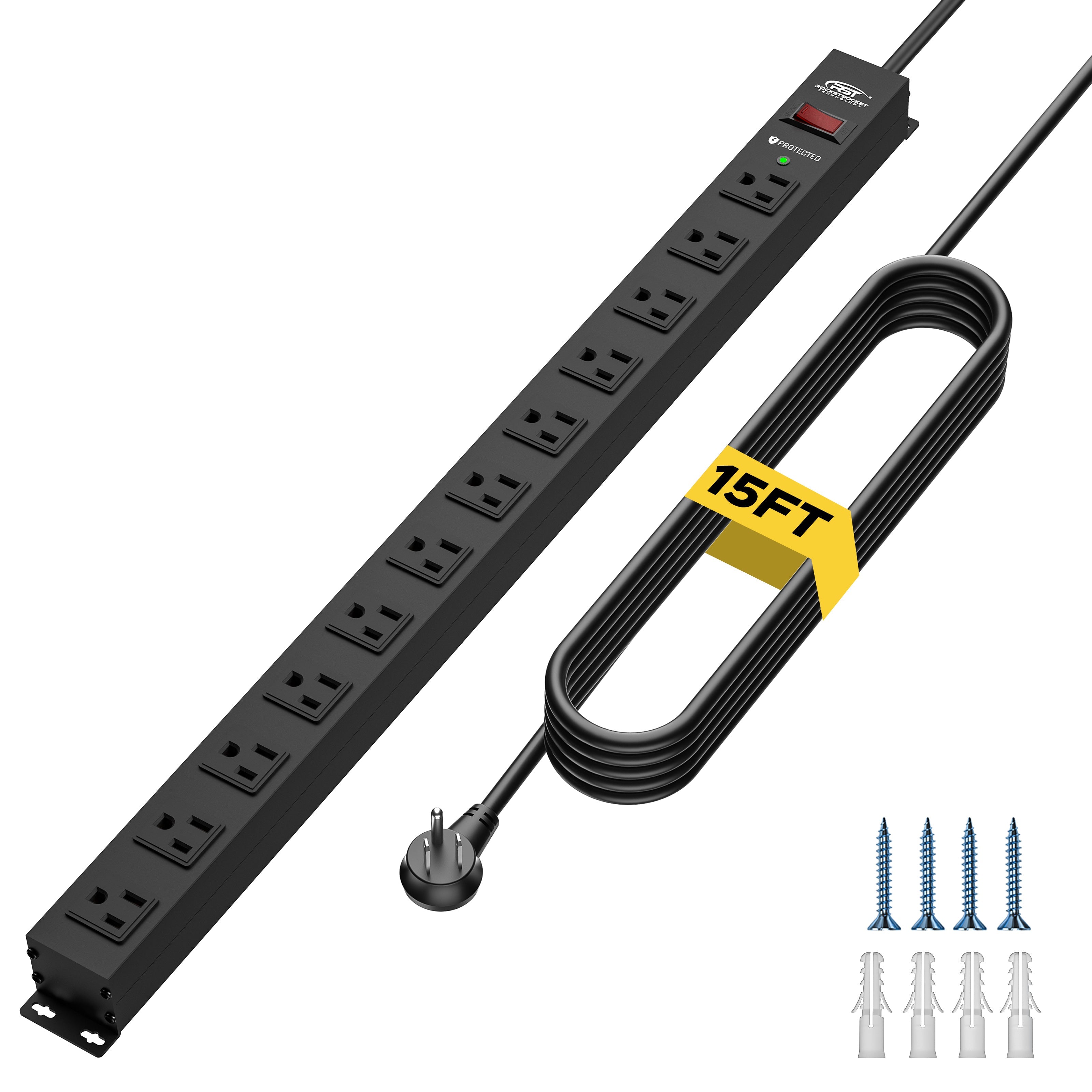 CRST 12-Outlet Metal Surge Protector Power Strip — Mountable, 2100J, 6FT/15FT Cord