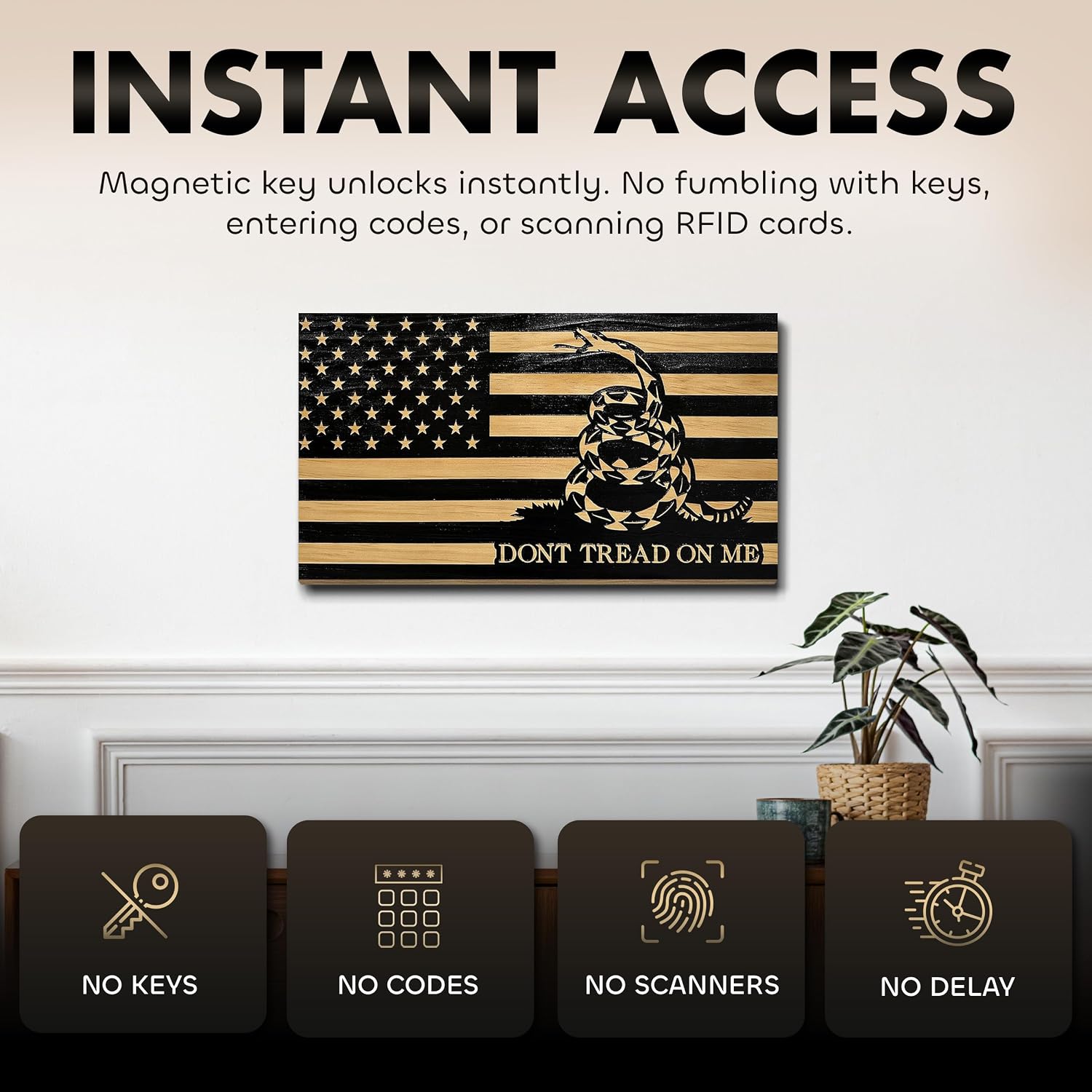 Dont Tread on Me Concealment Shelf - Quick Access Patriotic Hidden Gun Storage with Magnetic Lock - Safe & Secure Gun Concealment Furniture (Stripes)