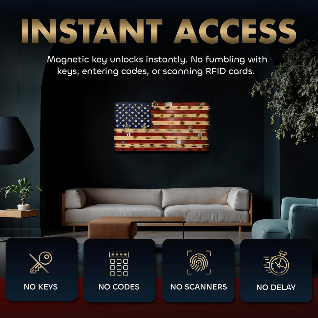 American Flag Challenge Coin Display and Hidden Gun Cabinet, Military Coin Holder Holds 100 Coins and is Ready to Hang, Large US Flag Patriotic Art 38.5" x 19.5"
