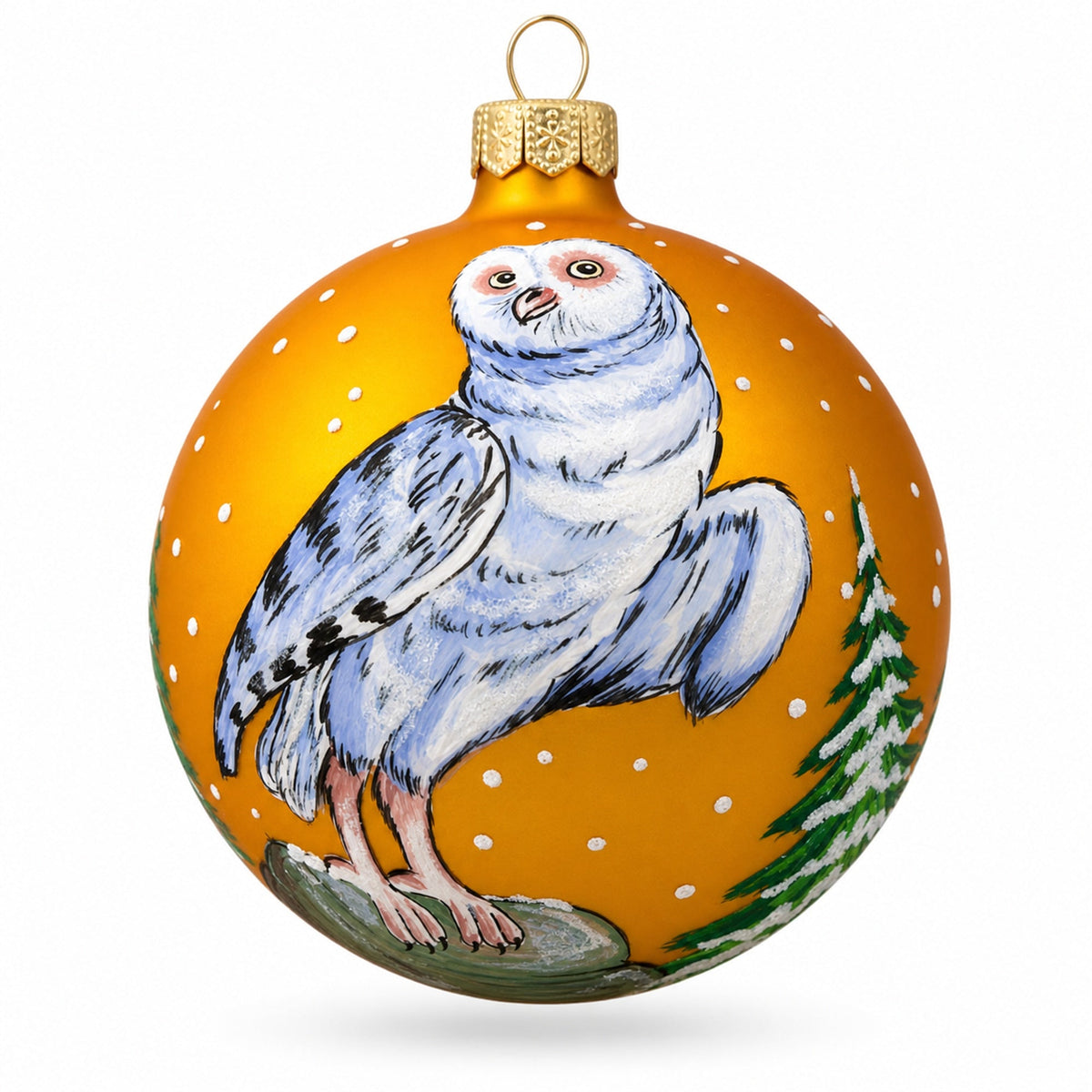 White Owl Perched by Winter Tree Glass Ball Christmas Ornament 4 Inches