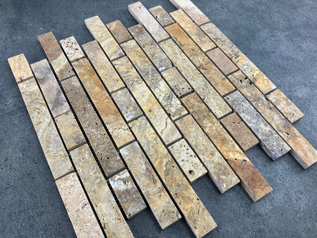 Gold Scabos Travertine Strip Liner Mosaic Tile - Honed 12x12