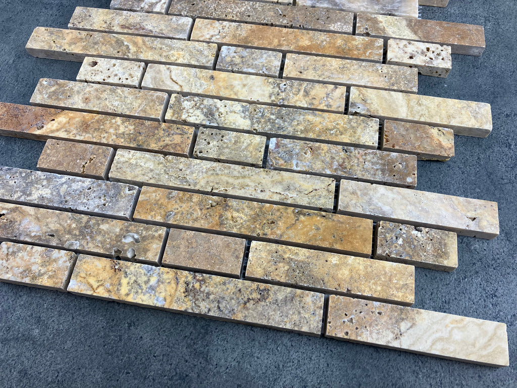Gold Scabos Travertine Strip Liner Mosaic Tile - Honed 12x12