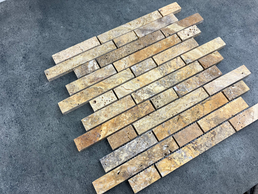 Gold Scabos Travertine Strip Liner Mosaic Tile - Honed 12x12
