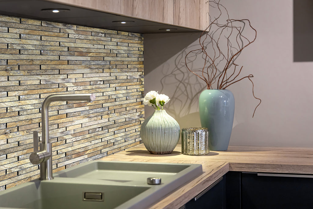 Gold Scabos Travertine Strip Liner Mosaic Tile - Honed 12x12
