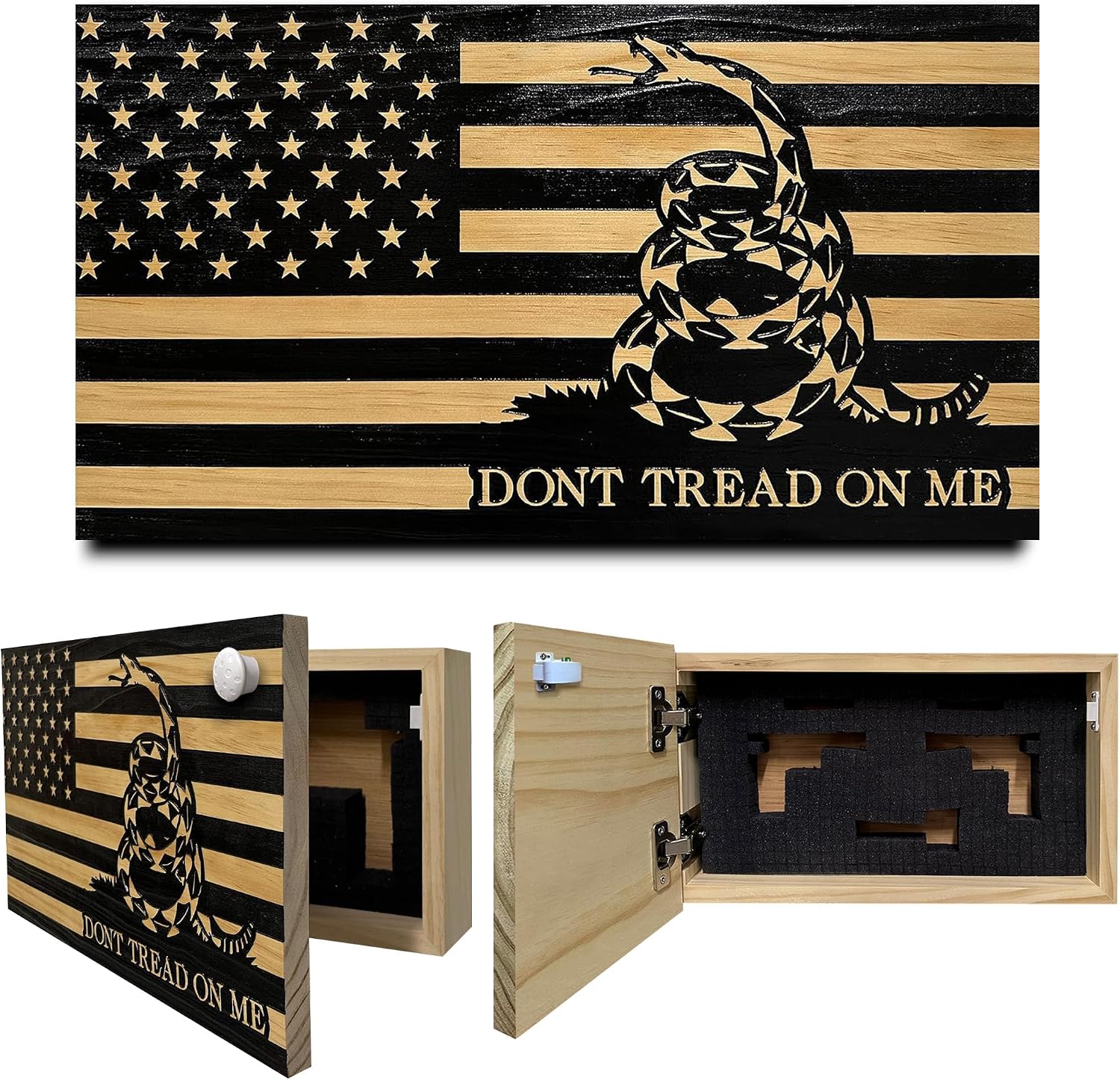 Dont Tread on Me Concealment Shelf - Quick Access Patriotic Hidden Gun Storage with Magnetic Lock - Safe & Secure Gun Concealment Furniture (Stripes)
