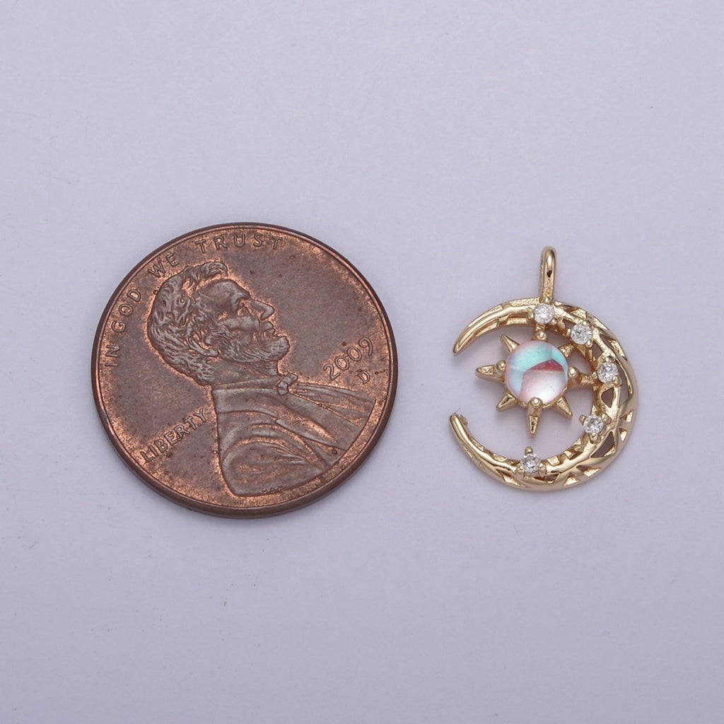 Mini Micro Pave Rainbow Moonstone Crescent Moon Pendant in 14k Gold Filled Celestial Jewelry June Birthstone N-704