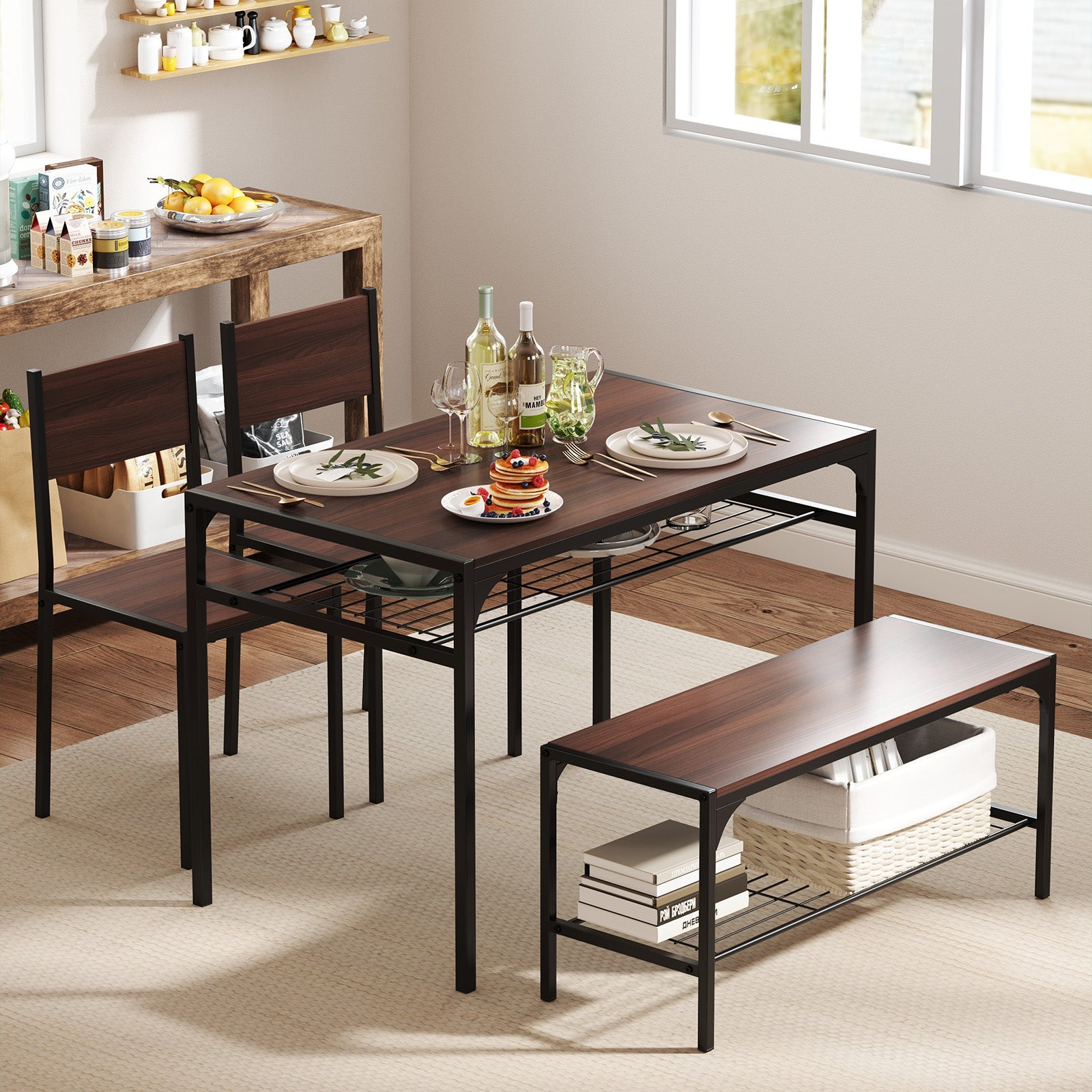Industrial Style Rectangular Kitchen Table with Bench and Chairs