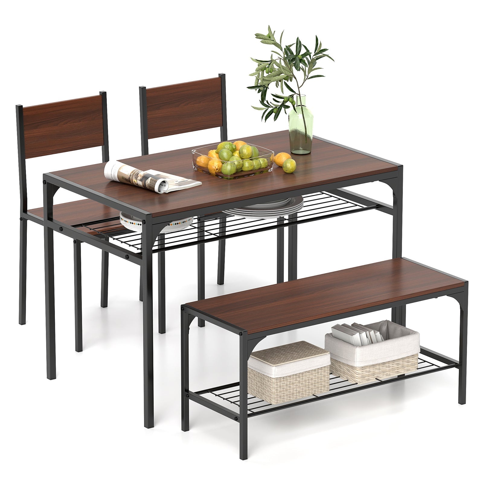 Industrial Style Rectangular Kitchen Table with Bench and Chairs